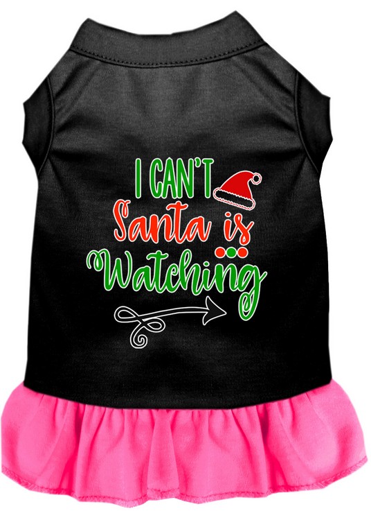 I Can't, Santa is Watching Screen Print Dog Dress Black with Bright Pink Lg